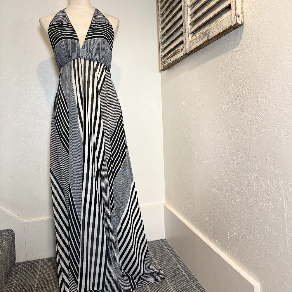 Josa Tulum Backless, maxi dress, stripes, halter tie.